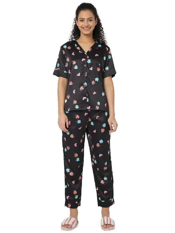 Smarty Pants Women's Silk Satin Black Color Owl Print Night Suit Relaxed High-Waist Trousers Smarty Pants Women's Silk Satin Black Color Owl Print Night Suit Relaxed High-Waist Trousers