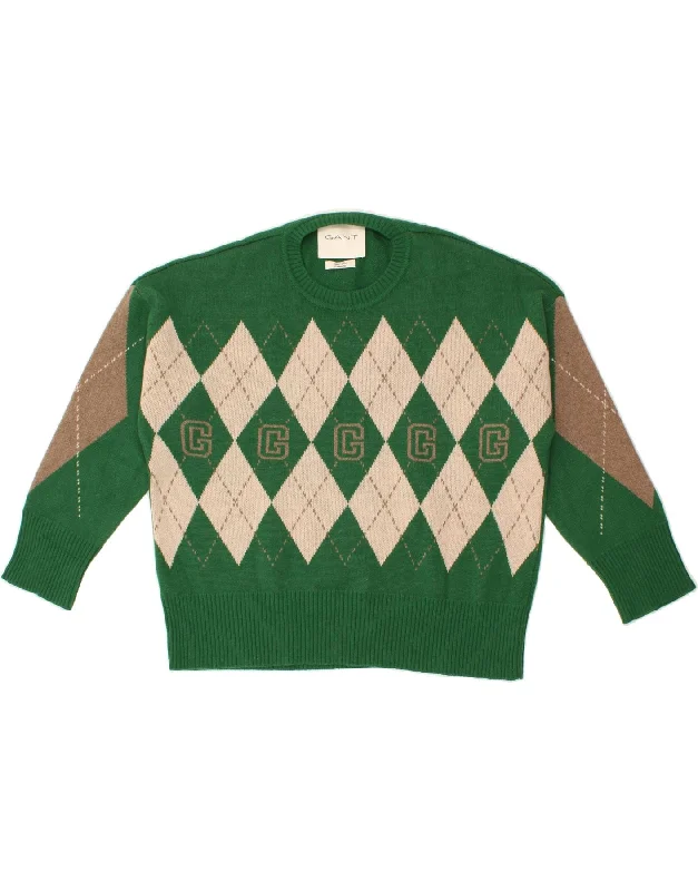 GANT Mens Graphic Crew Neck Jumper Sweater 2XL Green Argyle/Diamond Boat Neck Shawl Collar Notched Collar