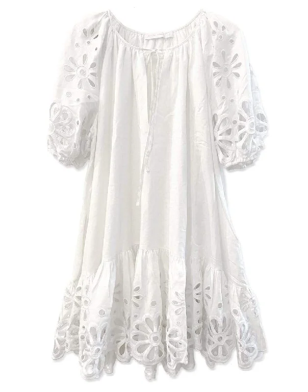 Evangelina Broderie Anglaise Mini Dress - White Cozy Cotton Mini Dress