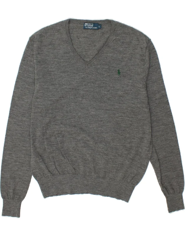 POLO RALPH LAUREN Mens V-Neck Jumper Sweater Large Grey Merino Wool Turtle Neck Boat Neck Asymmetrical Neck