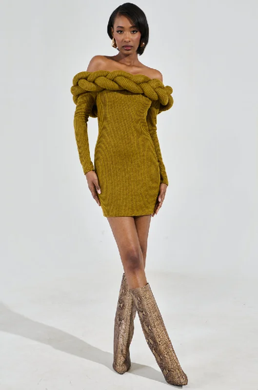 NOT IN THE MOOD KNIT BRAIDED MINI DRESS IN OLIVE Comfortable One-Shoulder Mini Dress