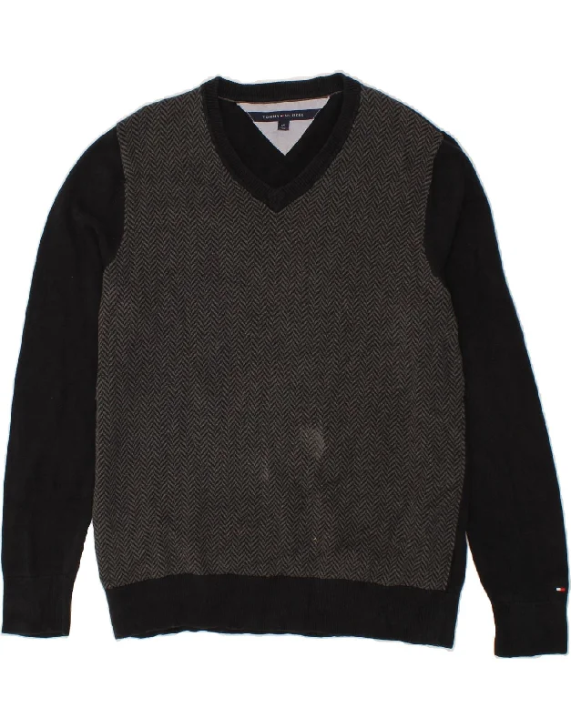 TOMMY HILFIGER Mens V-Neck Jumper Sweater Large Grey Herringbone Cotton Chenille Brocade Lace