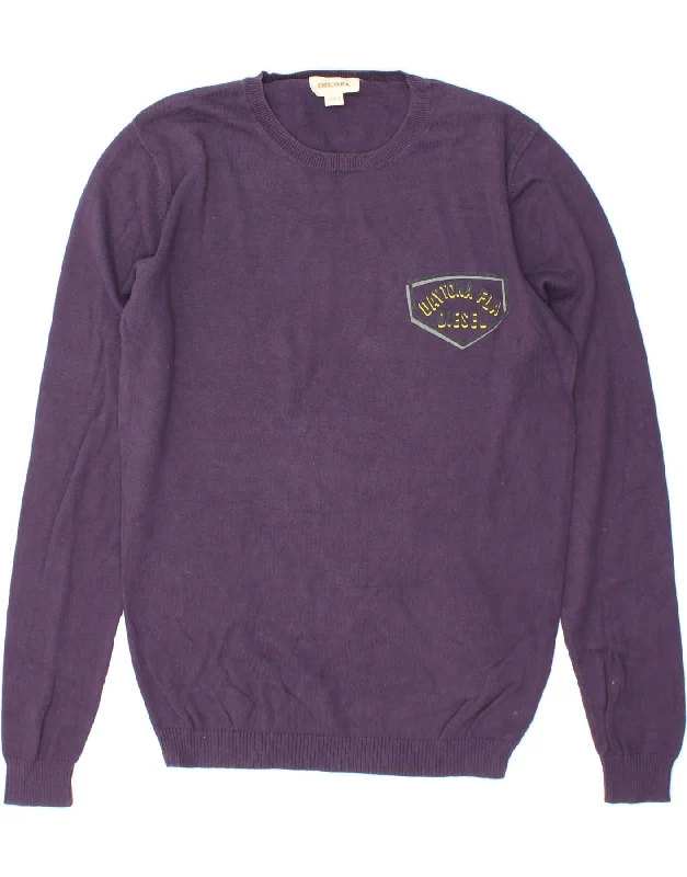 DIESEL Mens Crew Neck Jumper Sweater Small Purple Cotton Collared Crew Neck Turtle Neck