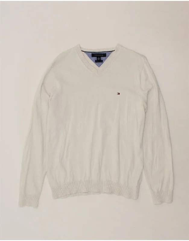 TOMMY HILFIGER Mens V-Neck Jumper Sweater Medium White Cotton Silk Blend Satin Velvet