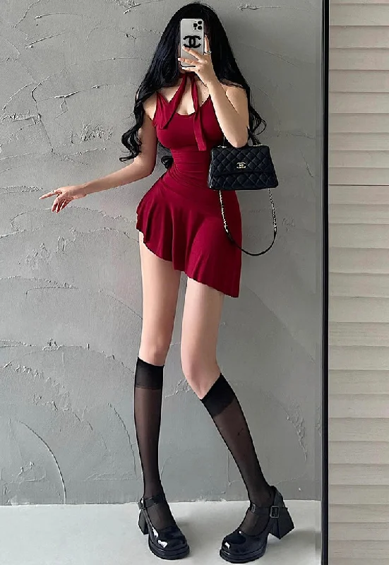 Grace Solid Color V-Neck Slim Asymmetrical Ruffle Spaghetti Strap Mini Dress Stylish Sweetheart Mini Dress