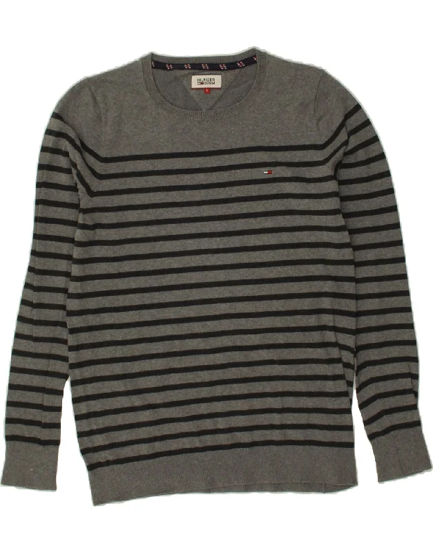 TOMMY HILFIGER Mens Crew Neck Jumper Sweater Large Grey Striped Cotton Stretchy Elastic Breathable