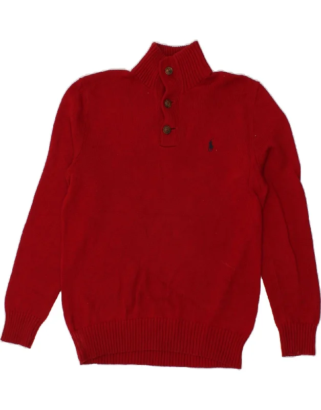 POLO RALPH LAUREN Mens Button Neck Jumper Sweater Medium Red Cotton Cotton Fabric Linen Fabric Terry Fabric