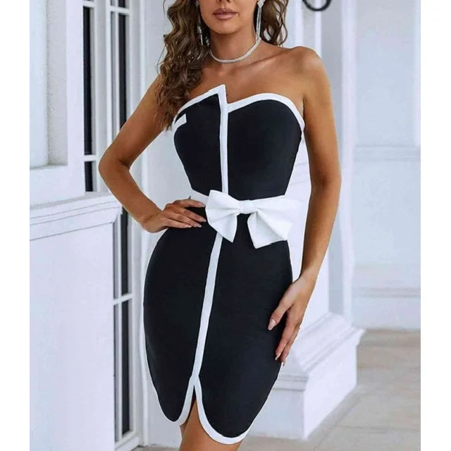 Strapless White Trim Bow Detail Mini Dress Trendy Mini Dress with Belt