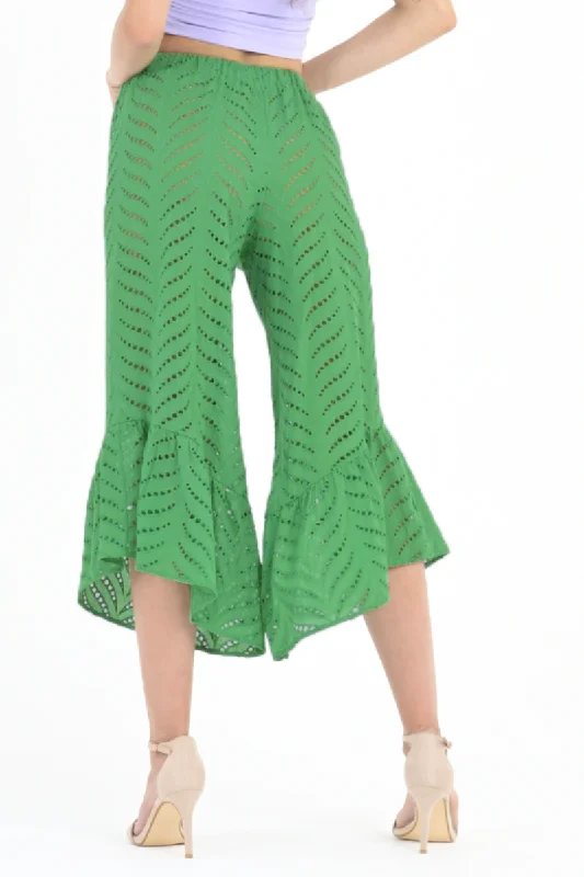 Green Eyelet Embroidery Capri Pants Chic Slim Fit Pants