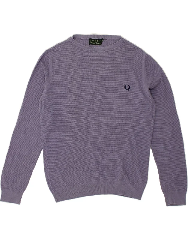 FRED PERRY Mens Boat Neck Jumper Sweater Small Purple Cotton Spandex Blend Rayon Blend Denim Blend