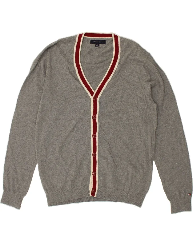 TOMMY HILFIGER Mens Cardigan Sweater Large Grey Colourblock Cotton Mesh Sweater Canvas Denim