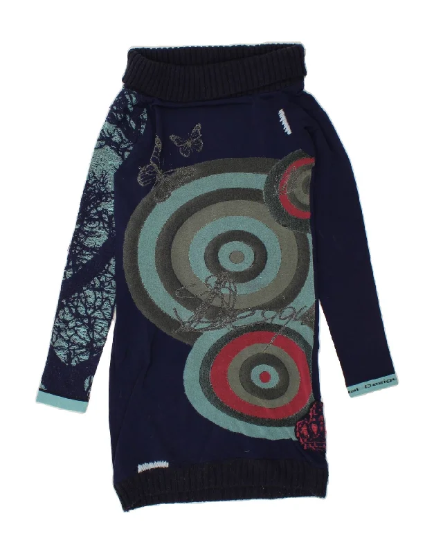 DESIGUAL Womens Graphic Long Sleeve Jumper Dress UK 14 Large Navy Blue Embroidered Appliqued Beaded