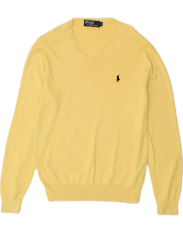 POLO RALPH LAUREN Mens V-Neck Jumper Sweater Small Yellow Cotton Iron Safe Non-Iron Wrinkle Free