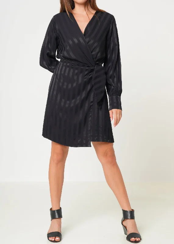 Stripe Satin Long Sleeve Mini Dress in Black Fashionable Boho-Chic Mini Dress