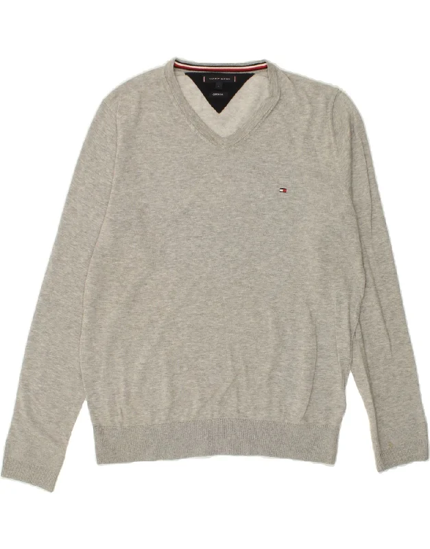 TOMMY HILFIGER Mens V-Neck Jumper Sweater Large Grey Cotton Fleece Fabric Down Fabric Feather Fabric