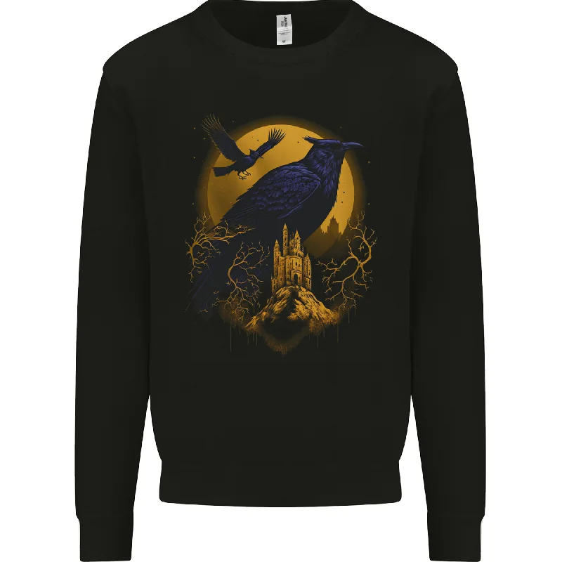 A Raven & Haunted House Moon Halloween Mens Sweatshirt Jumper Hoodie with Hem Embroidery Detailed Premium