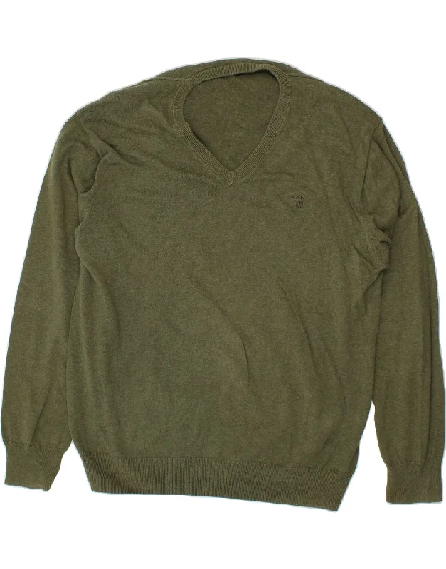 GANT Mens V-Neck Jumper Sweater 2XL Khaki Cotton Mesh Blend Leather Blend Suede Blend