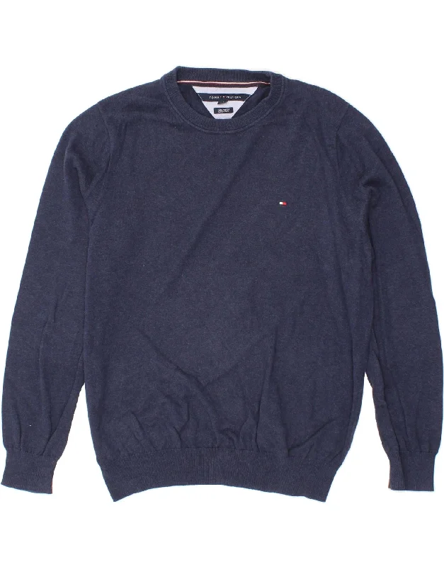 TOMMY HILFIGER Mens Crew Neck Jumper Sweater Large Navy Blue Cotton Zippered Front Buttoned Front Snap Front