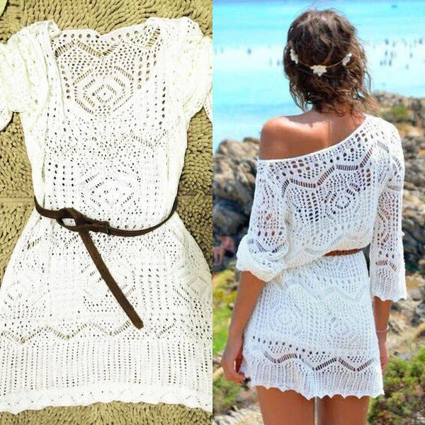 2016 summer women lace crochet biquini dress for ladies boho half sleeve white hollow out sexy mini dress femme without belt Fashionable Button-Front Mini Dress