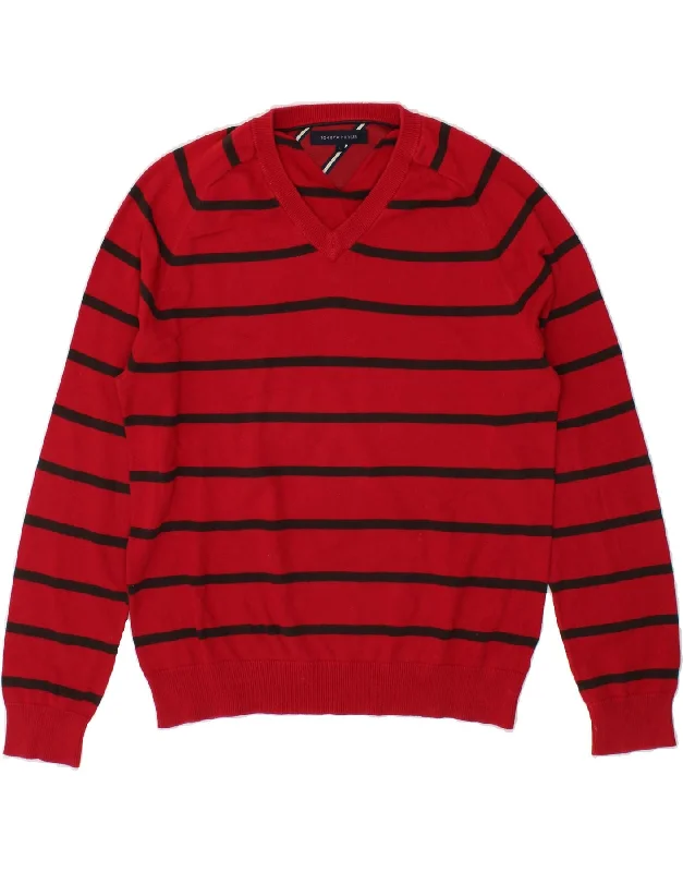 TOMMY HILFIGER Mens V-Neck Jumper Sweater Large Red Striped Cotton Iron Safe Non-Iron Wrinkle Free