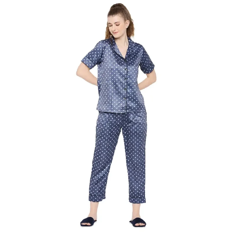Smarty Pants Women's Silk Satin Blue Color Polka Dot Night Suit Elegant Palazzo Trousers Smarty Pants Women's Silk Satin Blue Color Polka Dot Night Suit Elegant Palazzo Trousers