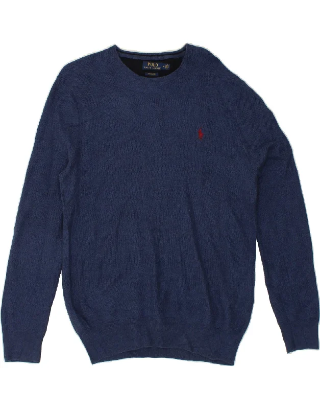 POLO RALPH LAUREN Mens Boat Neck Jumper Sweater Medium Navy Blue Cotton Glossy Satin Silk