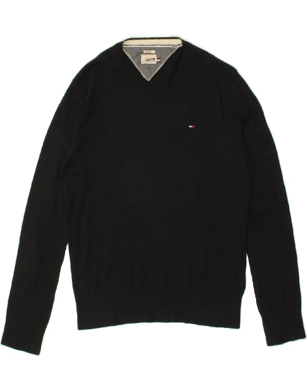 TOMMY HILFIGER Mens Heritage V-Neck Jumper Sweater Small Black Cotton Open Front Closed Front Wrap Front