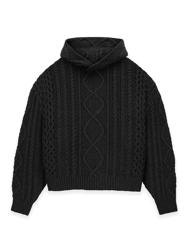 Hooded Cable Knit Sweater - Black Rayon Fabric Velvet Fabric Corduroy Fabric