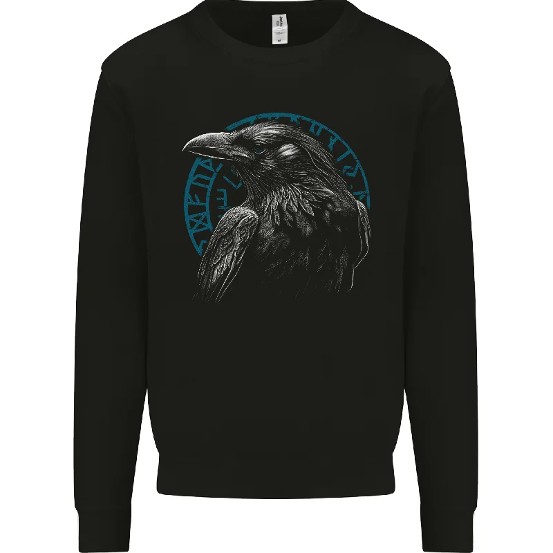 A Raven in Viking Symbols Text Valhalla Mens Sweatshirt Jumper Cotton Hoodie Fleece Lining Warmth