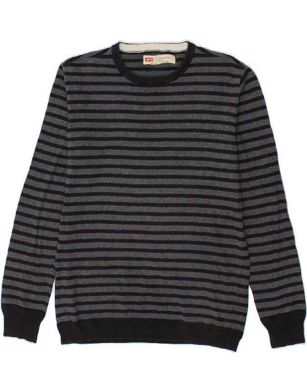 LEVI'S Mens Slim Fit Crew Neck Jumper Sweater Large Grey Striped Cotton Bright Pastel Dark