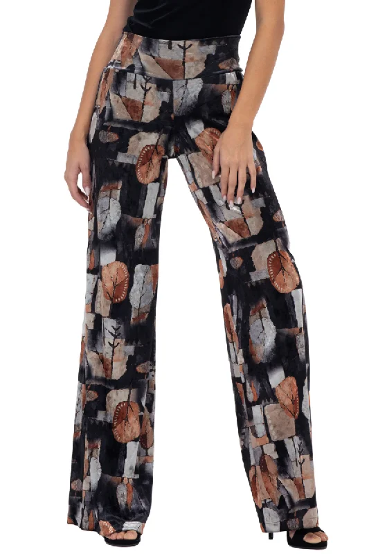 Abstract Leaf Print Velvet Wide Leg Pants Formal Linen Trousers