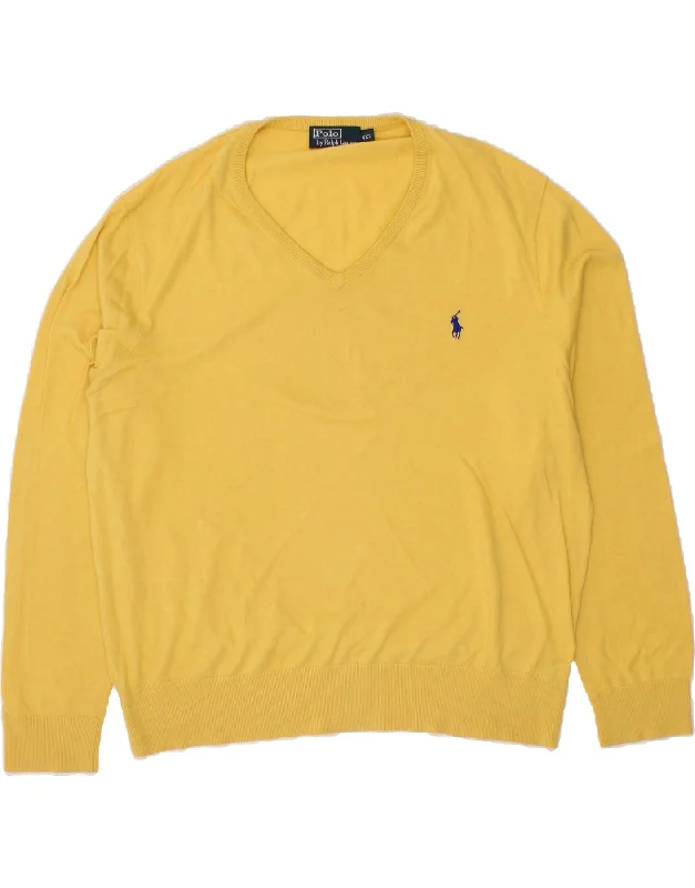 POLO RALPH LAUREN Mens V-Neck Jumper Sweater 2XL Yellow Rayon Fabric Velvet Fabric Corduroy Fabric