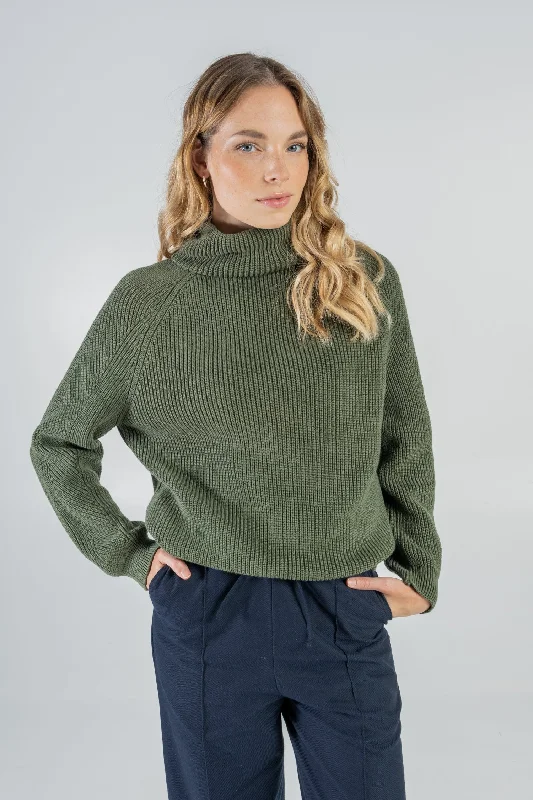 Organic Cotton Knitted Jumper Thyme Green Elasticated Padded Insulated