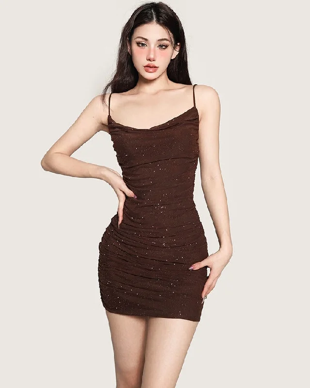 Giana Solid Color Brown Sparkle Spaghetti Strap Wrapped Ruched Slim Bodycon Mini Dress Comfortable Off-Shoulder Mini Dress