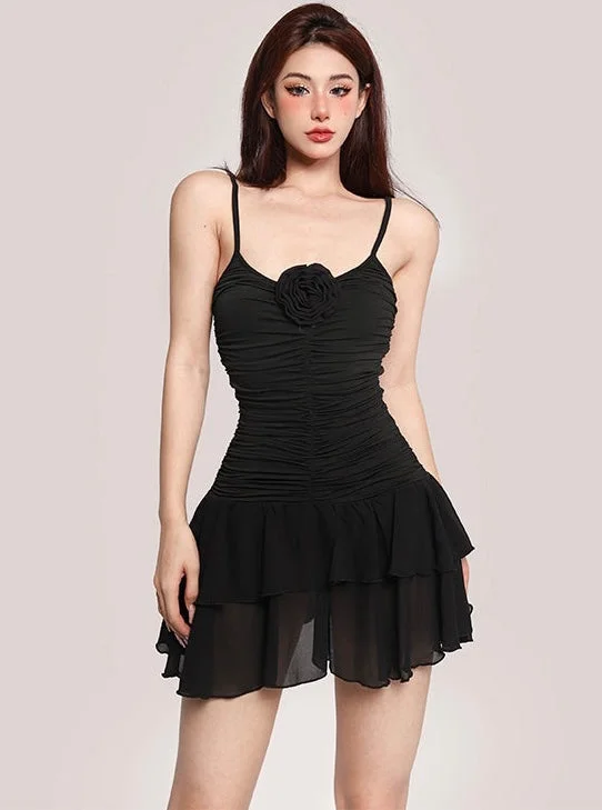 Raven Black Rose Pleated Spaghetti Strap Slim Mini Dress Elegant Mini Dress with Ruffles