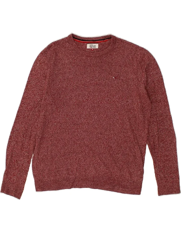 TOMMY HILFIGER Mens Boat Neck Jumper Sweater Medium Maroon Flecked Cotton Spandex Blend Rayon Blend Denim Blend