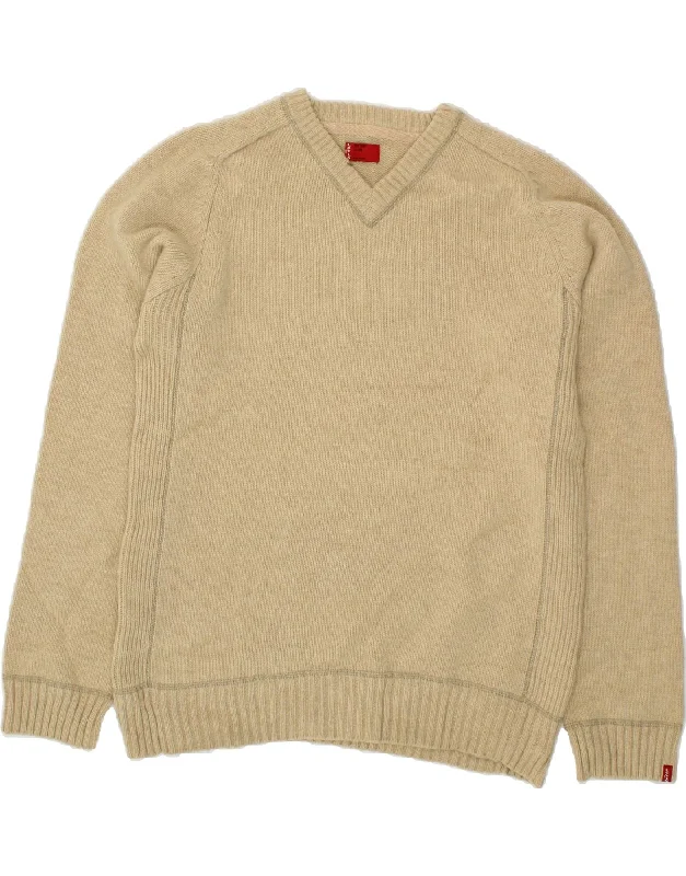 LEVI'S Mens V-Neck Jumper Sweater Large Beige Lambswool Fleece Fabric Down Fabric Feather Fabric