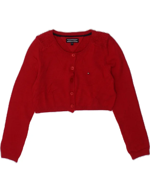 TOMMY HILFIGER Girls Crop Cardigan Sweater 3-4 Years Red Cotton Lace Blend Ribbed Blend Corduroy Blend