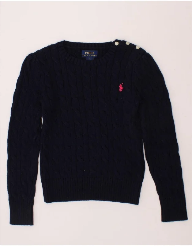 POLO RALPH LAUREN Girls Crew Neck Jumper Sweater 5-6 Years Navy Blue Graphic Sweater Embroidered Appliqued