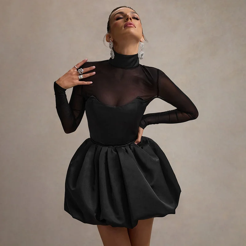 Women Elegant Charming Black Satin Turtleneck Transparent Sleeve Mini Dress Chic Halter Mini Dress