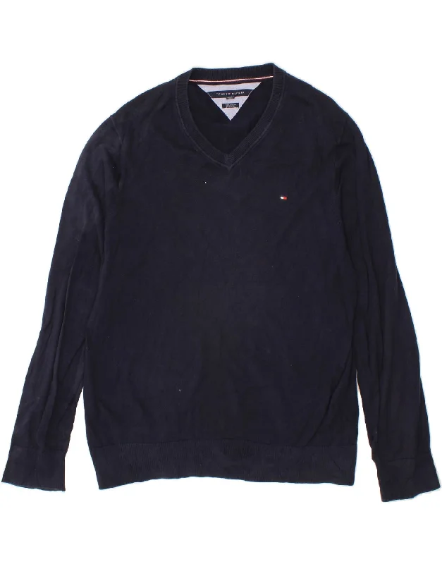 TOMMY HILFIGER Mens V-Neck Jumper Sweater 2XL Navy Blue Cotton Mesh Sweater Canvas Denim