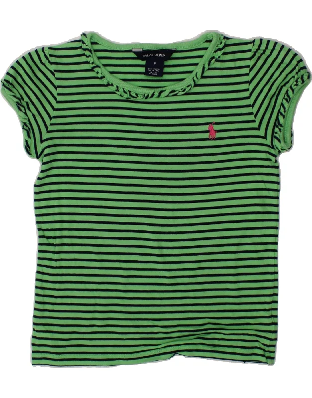 RALPH LAUREN Girls Short Sleeve Crew Neck Jumper Sweater 5-6 Years Green Mesh Fabric Canvas Fabric Denim Fabric