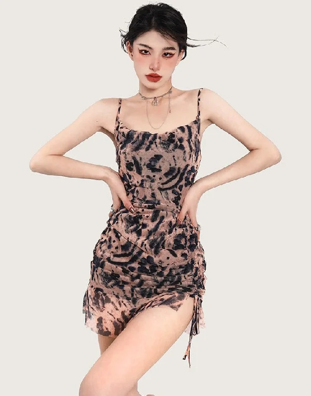 Summer Graphic Image Print Spaghetti Strap Slip Slim Mini Dress Comfortable Wrap Mini Dress