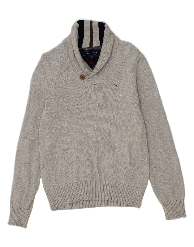 TOMMY HILFIGER Mens Shawl Neck Jumper Sweater Small Grey Cotton Casual Formal Business