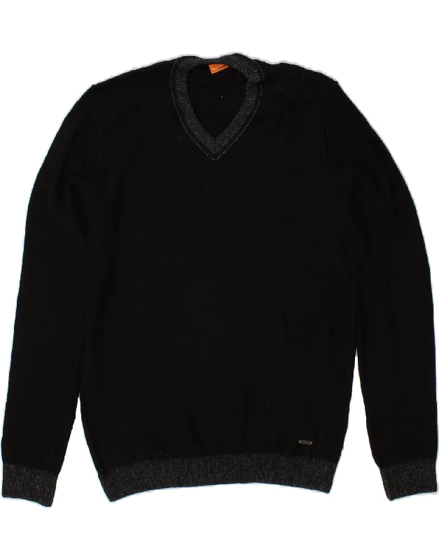 HUGO BOSS Mens V-Neck Jumper Sweater Medium Black Cotton Iron Safe Non-Iron Wrinkle Free