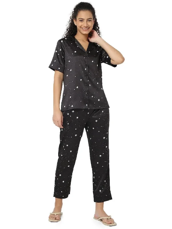 Smarty Pants Women's Silk Satin Black Color Star Print Night Suit-SMNSP-832-S Comfy Athletic Pants Smarty Pants Women's Silk Satin Black Color Star Print Night Suit-SMNSP-832-S Comfy Athletic Pants
