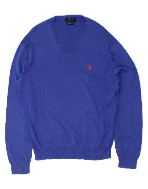 POLO RALPH LAUREN Mens V-Neck Jumper Sweater Medium Blue Cotton Graphic Sweater Embroidered Appliqued