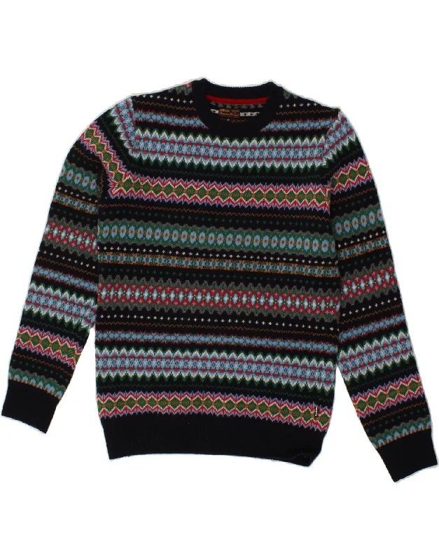 BARBOUR Mens Crew Neck Jumper Sweater Medium Multicoloured Fair Isle Wool Welt Pockets Slit Pockets Flap Pockets