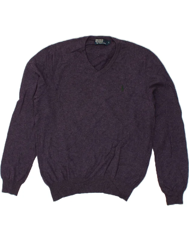 POLO RALPH LAUREN Mens V-Neck Jumper Sweater Large Purple Wool Rayon Fabric Velvet Fabric Corduroy Fabric