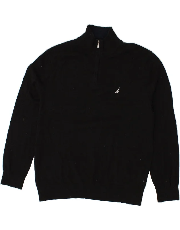 NAUTICA Mens Zip Neck Jumper Sweater Large Black Cotton Open Front Closed Front Wrap Front